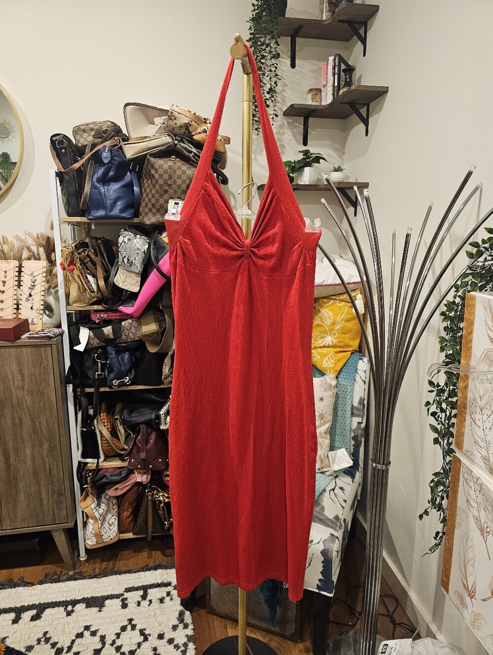 Vintage Red Halter Midi Dress - Classic Women's Evening Dress